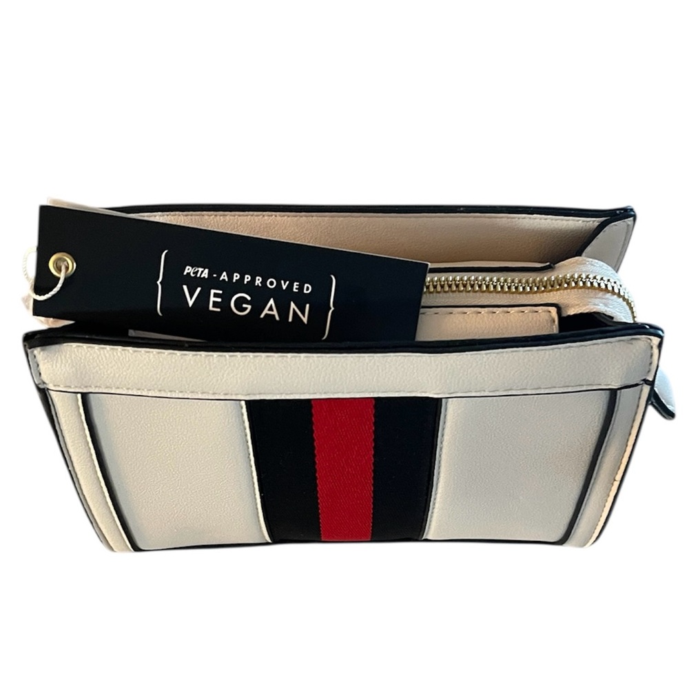 New Cream Crossbody Bag with Black Trim with Black & Red Stripe, Vegan Leather - Picture 6 of 6